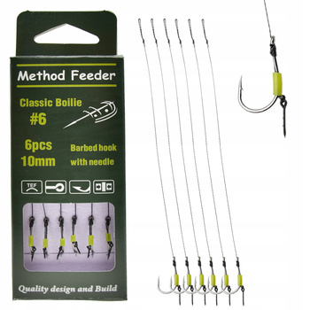 Gotowe Przypony method feeder 10 cm Haczyki z zadziorem #6 i igłą 8mm 6szt