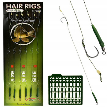 Przypony karpiowe z włosem 6 szt Hair Rigs Krętlik Hak #6 Stopery