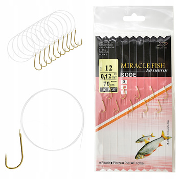 Haczyki WIĄZANE SODE na przyponie z żyłki ok 70 cm/0,12mm GOTOWE 10szt r 12