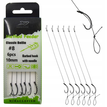 6x Haczyki Method Feeder na plecionce z włosem # 8