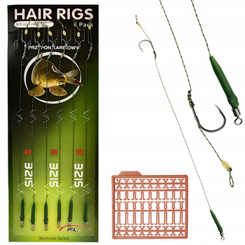 Przypony karpiowe z włosem 6 szt Hair Rigs Krętlik Hak #8 Stopery