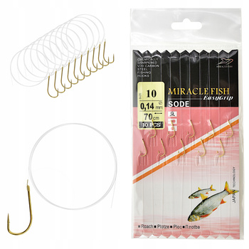 Haczyki WIĄZANE SODE na przyponie z żyłki ok 70 cm/0,14mm GOTOWE 10szt r 10