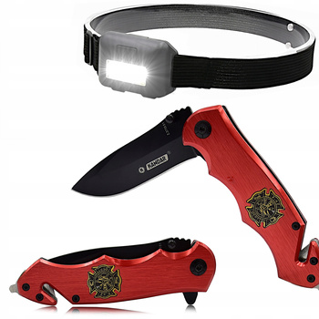 Nóż RATOWNICZY Scyzoryk Składany Zbijak TAKTYCZNY plus Lampka Czołowa