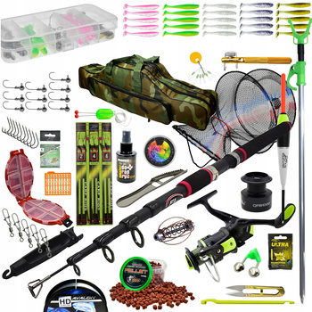 BOGATY Zestaw Wędkarski Wędka Kołowrotek Torba Siatka Przynęty Akcesoria