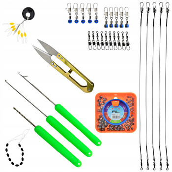 Zestaw niezbędnych Akcesoriów wędkarskich przypony stopery śruciny wiertło