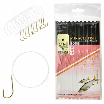 Haczyki WIĄZANE SODE na przyponie z żyłki ok 70 cm/0,16mm GOTOWE 10 szt r 6