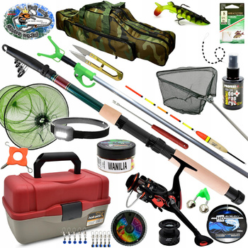 Zestaw wędkarski Wędka 2,7m Kołowrotek Skrzynka Torba Przynęty WLEPA Lampka