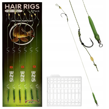 Przypony karpiowe z włosem 6 szt Hair Rigs Krętlik Hak #8 PLUS Stopery