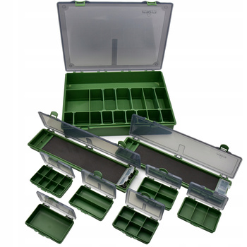 Zestaw pudełek wędkarskich skrzynka 2 portfele na przypony + 6 małych boxów