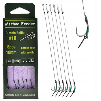 Gotowe Przypony method feeder 10 cm Haczyki z zadziorem #10 i igłą 8mm 6szt