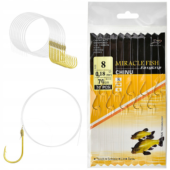 Haczyki WIĄZANE CHINU na przyponie z żyłki ok 70cm/ 0,18mm GOTOWE 10szt r 8