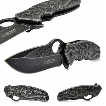 KANDAR Stalowy Składany Nóż Myśliwski Wilk 3D